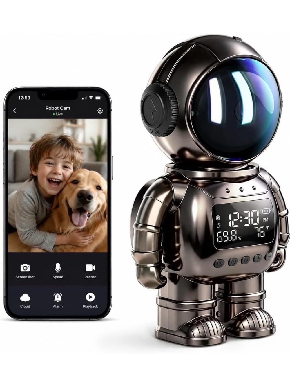 Astronaut Robot Smart Clock with Camera - Metallic Charcoal